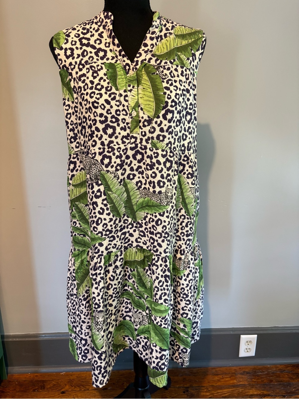 Vilagallo Linen Green Leaf & Black-White Leopard Midi Dress